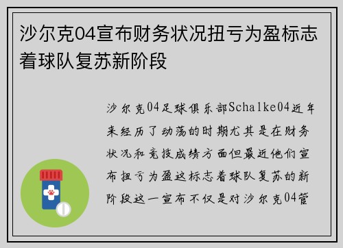 沙尔克04宣布财务状况扭亏为盈标志着球队复苏新阶段